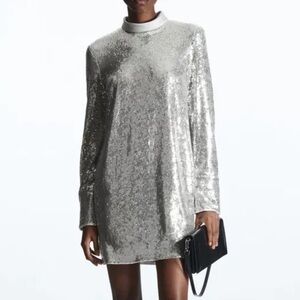 COS Shimmering Sequin Silver Long Sleeve Dress 4